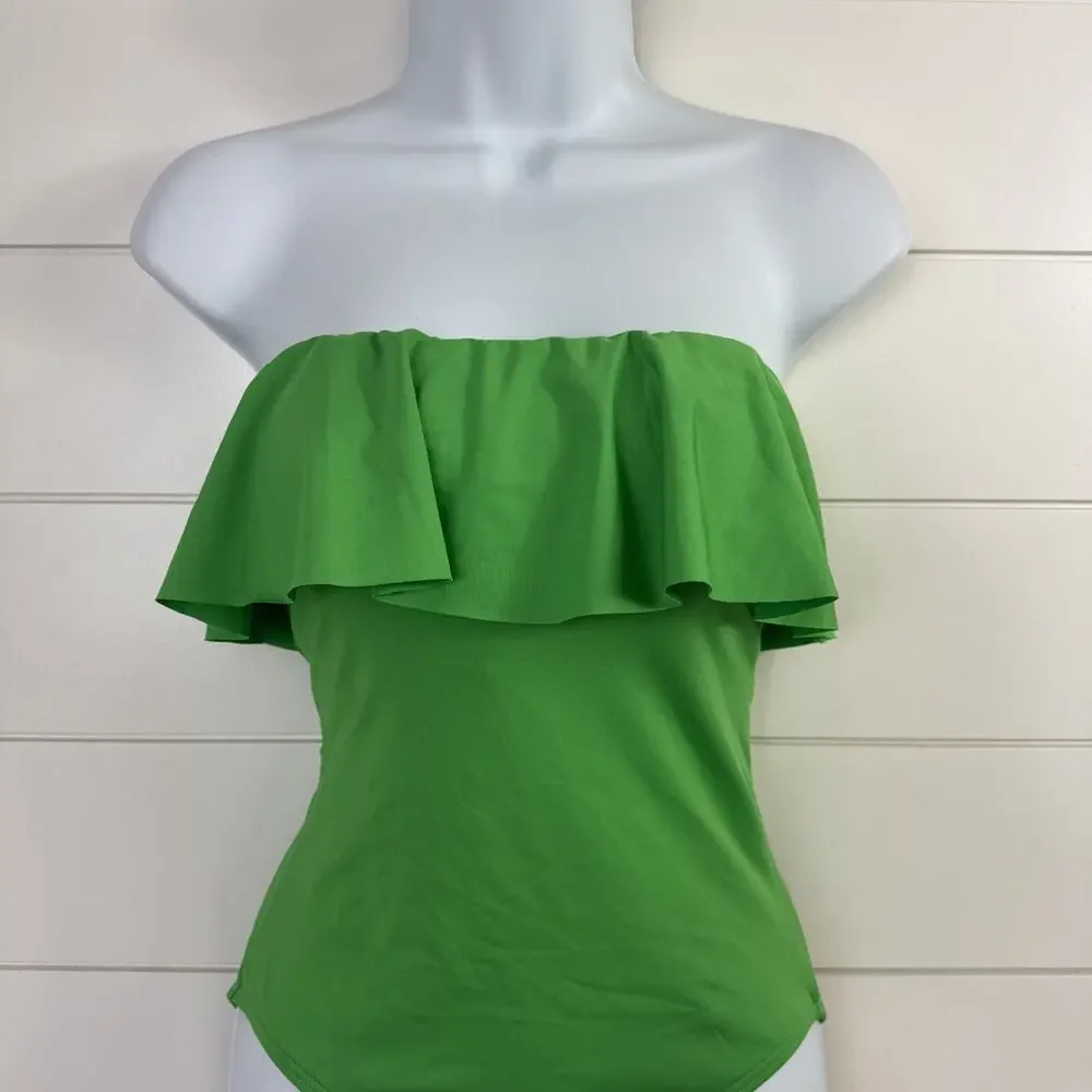 Kate Spade Ruffle One Piece Swimsuit Strapless Fern Moss Green sz XS